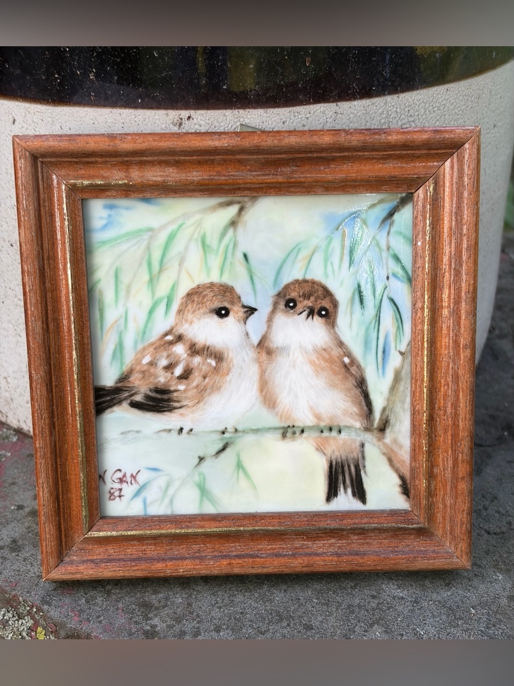 Nancy Gan 1987 Sparrows Framed Porcelain Tile